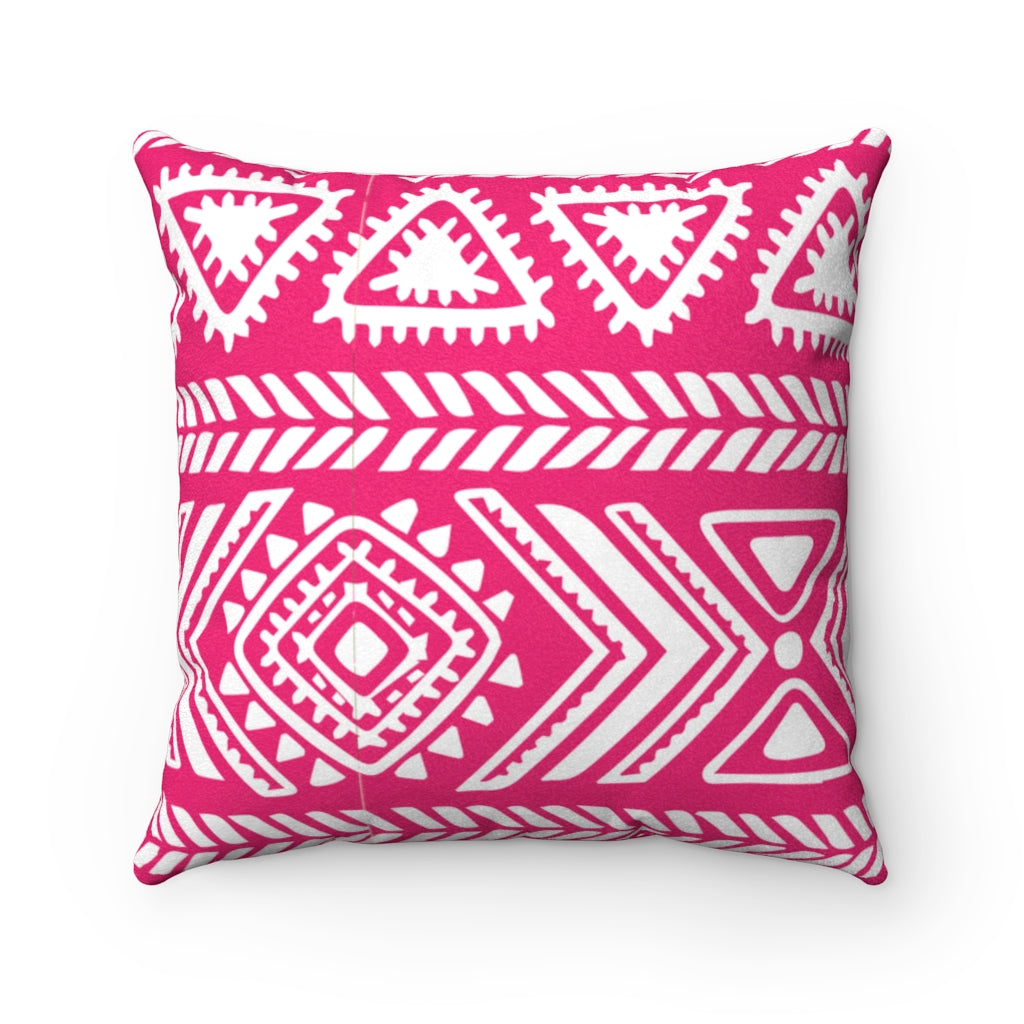 Pink Tribal Patterned Throw Pillow | Holiday Faux Suede Square Pillow - Lindsay Ann Artistry